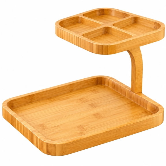 Bamboo Serving Tray, 2 Tier Charcuterie Board with 4 Compartments, Wooden Snack Display Stand for Cheese Fruit Appetizer Party Entertaining