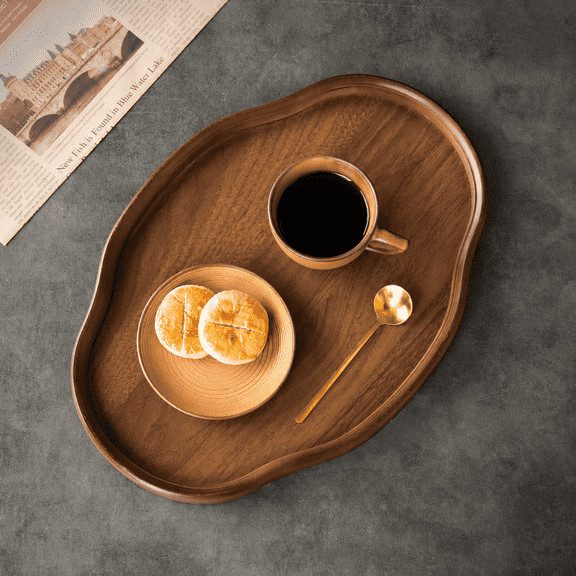 Bamboo Serving Tray, Decorative Wood Tray for Coffee Table, Ottoman & Kitchen Counter, Irregular Wooden Serving Tray for Breakfast, Snacks, Home Decor and Party Serving, Brown