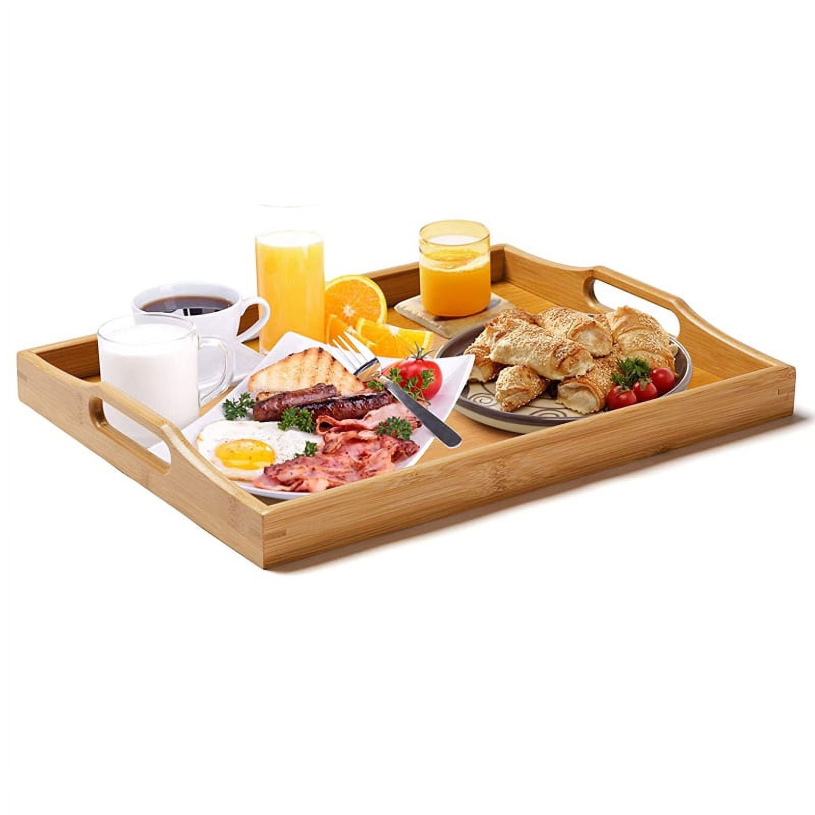 Bamboo Serving Tray, Dinner Tray with Phone Stand, Food Trays for