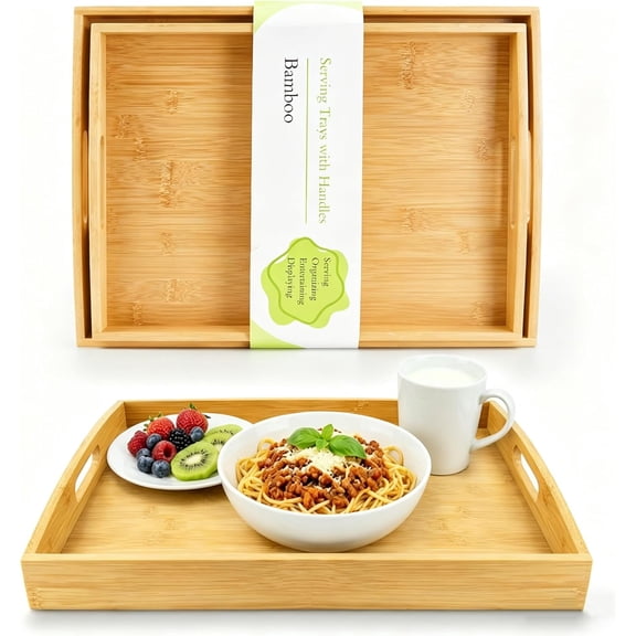 Bamboo Serving Tray with Handles - 2 Pack Wooden Food Tray for Breakfast in Bed, Eating, Decor and Storing - Decorative Trays Platter Use for Kitchen, Ottoman, Living Room, Party and Restaurant