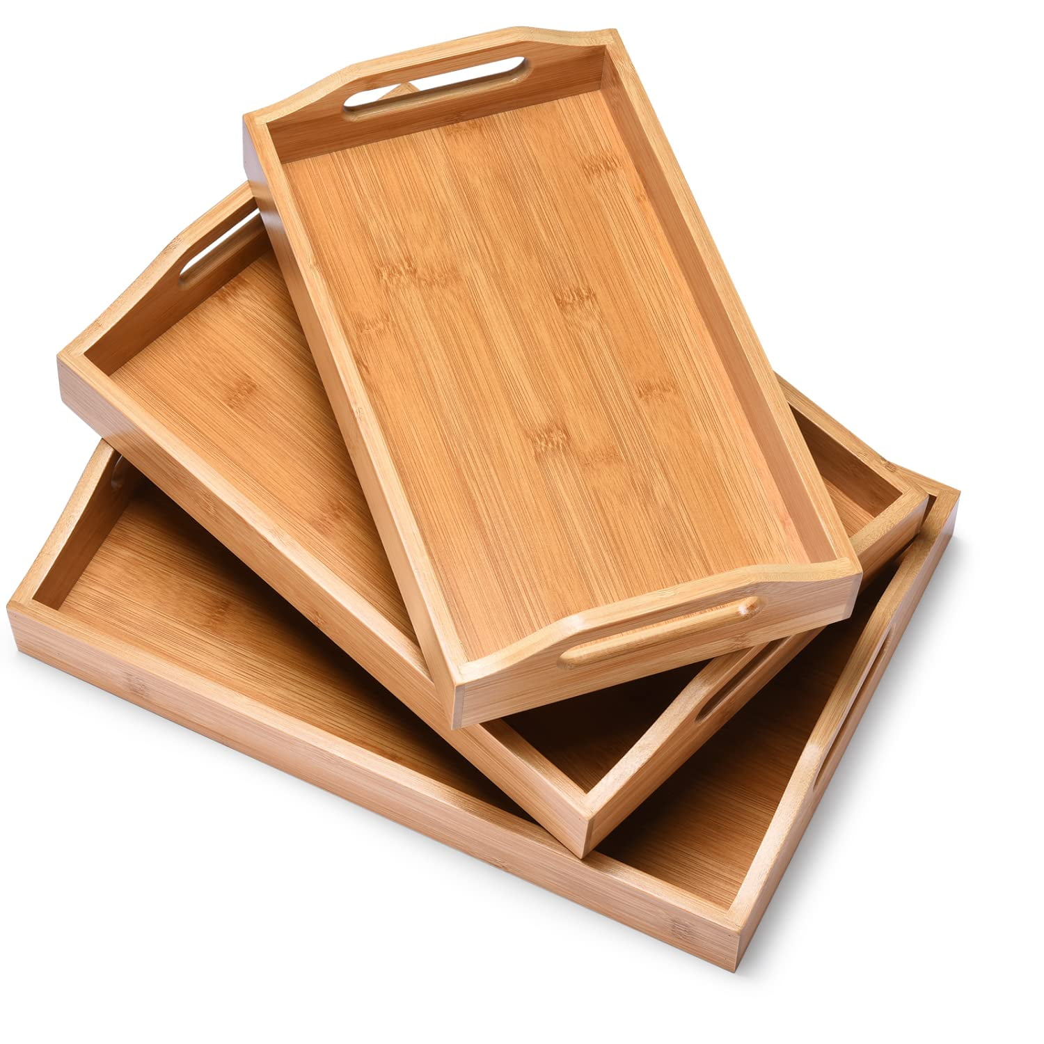 Set of 3 Natural Bamboo Serving Trays with Handles