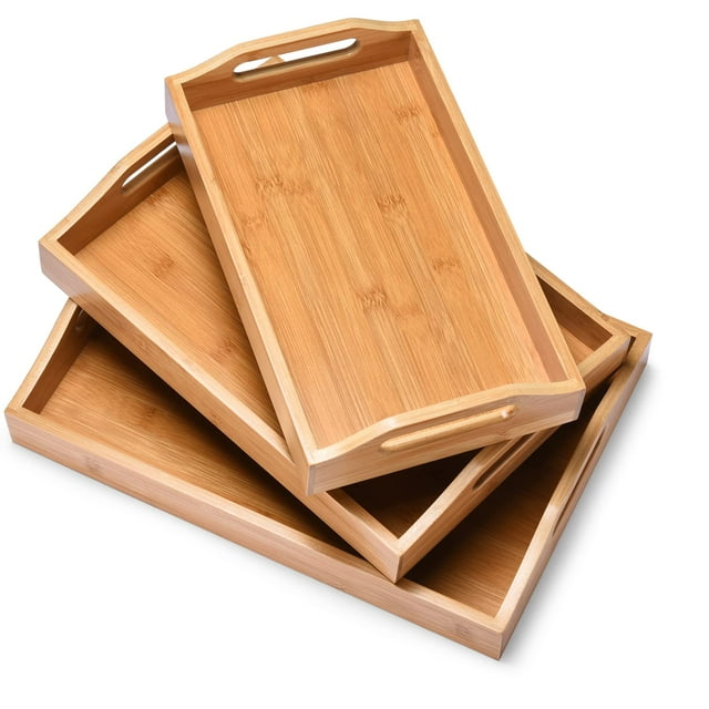 Bamboo Serving Tray with Handles Set of 3 Coffee Table Trays Wooden