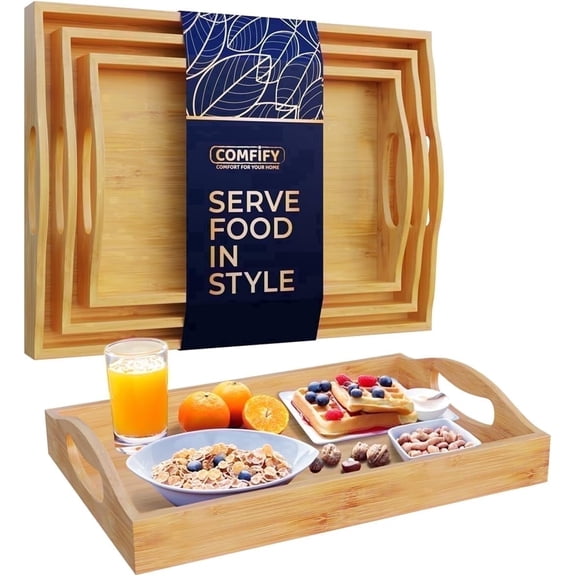 Comfify Bamboo Serving Trays Set of 3 – Nesting Ottoman Trays with Handles