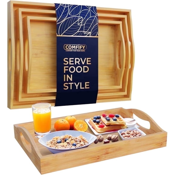 Comfify Bamboo Serving Trays, Set of 3 Nesting Ottoman and Coffee Table Trays for Serving and Décor