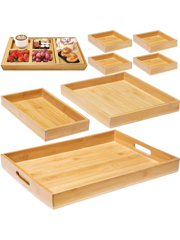 Bamboo Serving Trays Nesting Multipurpose Set for Breakfast Coffee Table Butler