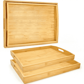 WALNEE Stackable Bamboo Serving Trays with Handles Rectangular Natural 2-Pack 17x13 & 16x12 inches