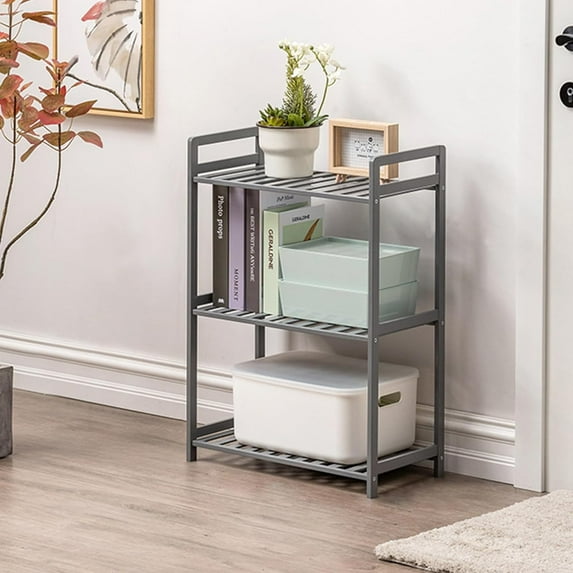 Bamboo Shelf, 4-Tier Bookcase Storage Shelves, Small Book Rack Shelving Unit, Multipurpose Storage Display Shelf for Bathroom Kitchen Living Room Office (3-Tier Grey-20.08in)