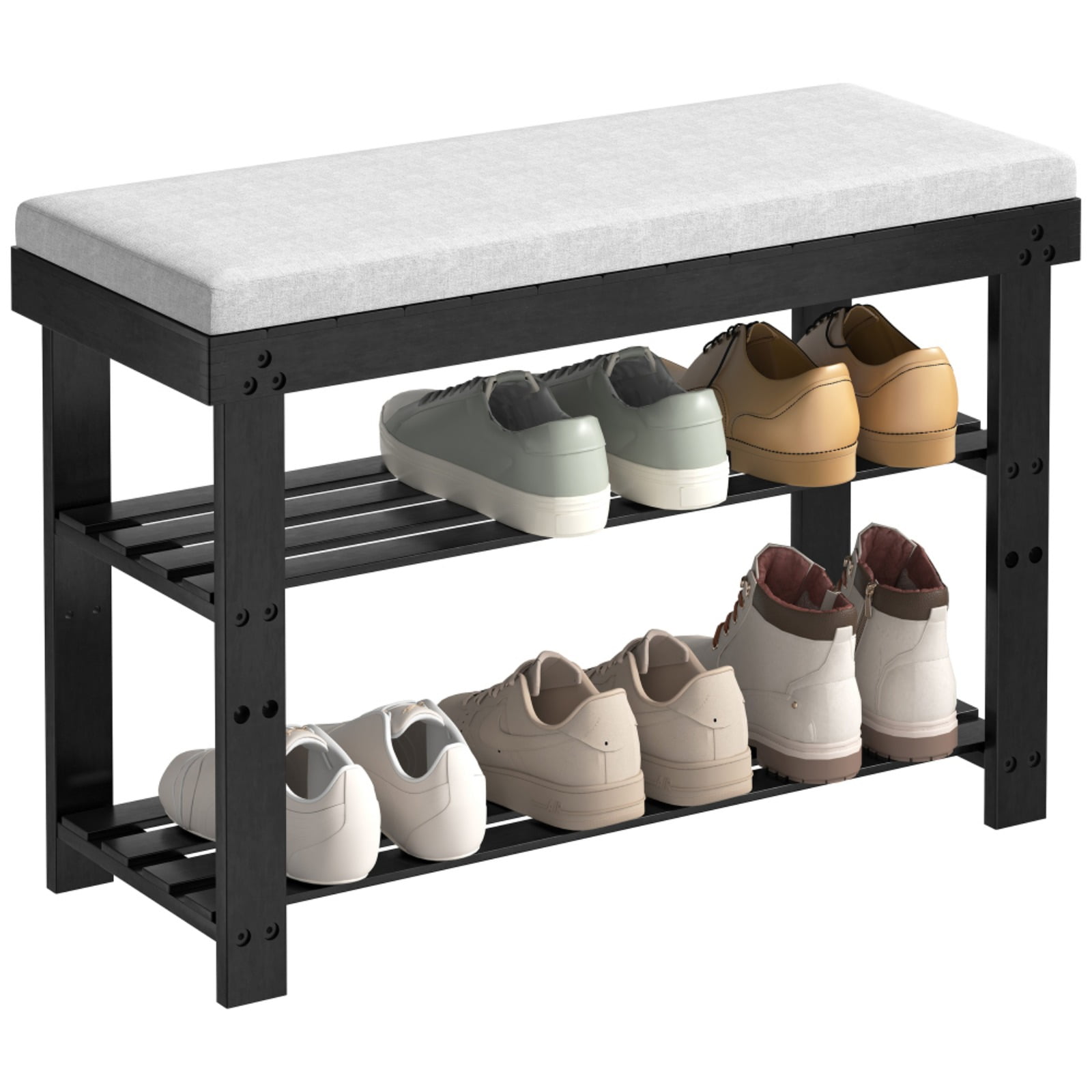 Shoe Rack Bench Short Bamboo Shoe Bench, 3-Tier Shoe Rack, Entryway Bench with Cushion and ...