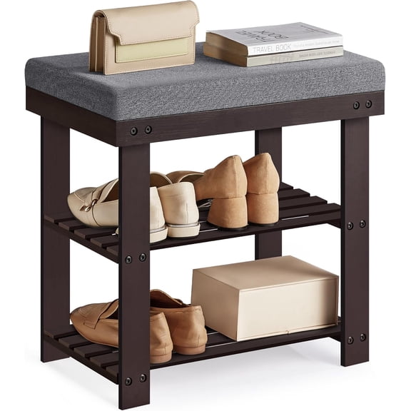 Bamboo Shoe Bench, 3-Tier Shoe Rack Organizer for Entryway, Living Room, Bench Seat Holds Up to 300 lb, 11.9 x 20.5 x 19.2 Inches, Rustic Walnut and Slate Gray ULBS504M01