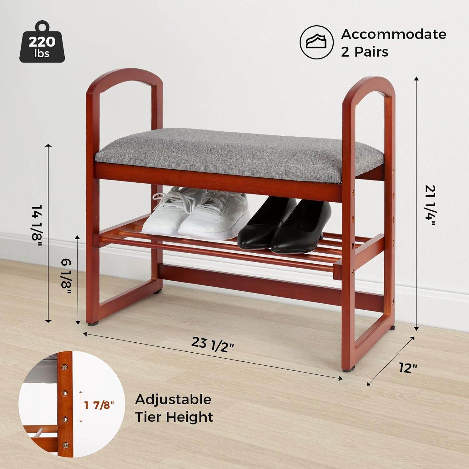 Bamboo Shoe Bench, Storage Bench with Armrests & Cushion, Compact ...