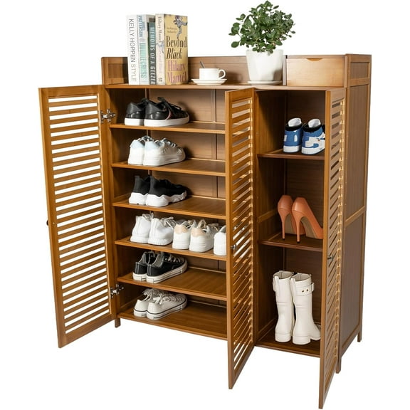 Bamboo Shoe Cabinet 7 Tier Free Standing Shoe Storage Cabinet Shoe Organizers Shoe Storage Cabinet with Door for Entryway Hallway Living Room Bedroom (7 Tier)