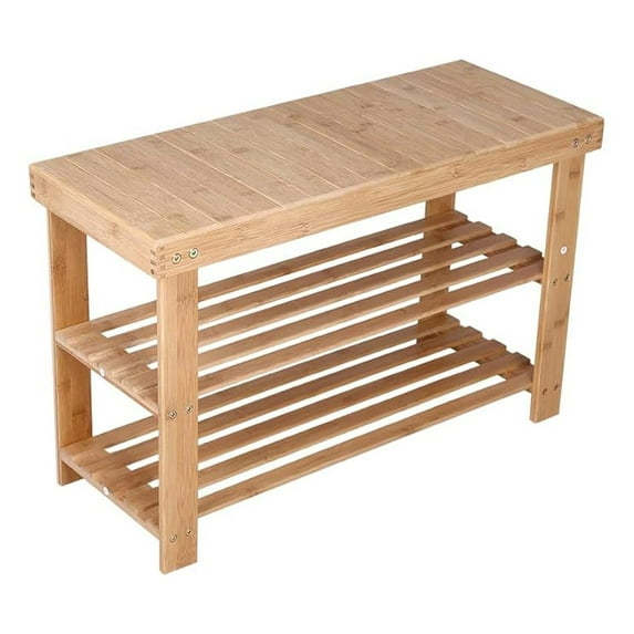 Bamboo Shoe Rack 3 Tier Entryway Seat Shoe Organizer Storage Shelf Natural Color