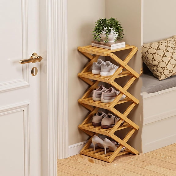 Bamboo Shoe Rack 5-Tier Foldable, Installation Free Vertical Organizer, Collapsible Wooden Shelf Tower, Slim Narrow Free Standing Storage Stand for Entryway Closet Hallway Corner, Small Space
