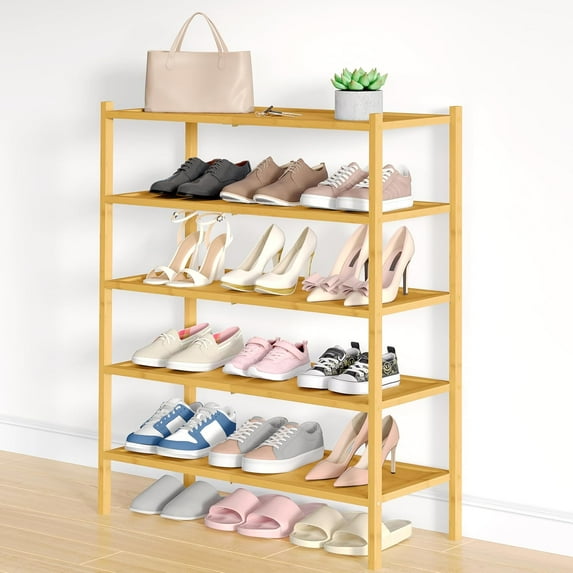 Bamboo Shoe Rack, 5 Tier Shoe Organizer for Entryway & Closet, Stackable Free Standing Storage Shelf for Shoes, Bags & Plants, Natural