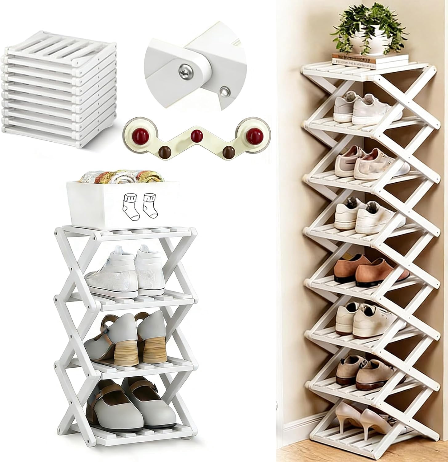 Bamboo Shoe Rack, No Assembly Needed, 9-Tier Tall Narrow Foldable Shoe Organizer, Vertical Space-Saving Extendable Storage Shelf for Entryway & Corner