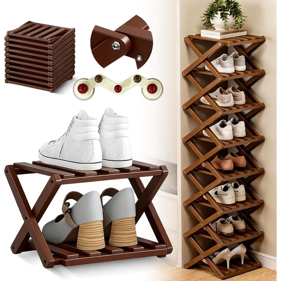 Bamboo Shoe Rack, No Assembly Needed, 9-Tier Tall Narrow Foldable Shoe Organizer, Vertical Space-Saving Extendable Storage Shelf for Entryway & Corner