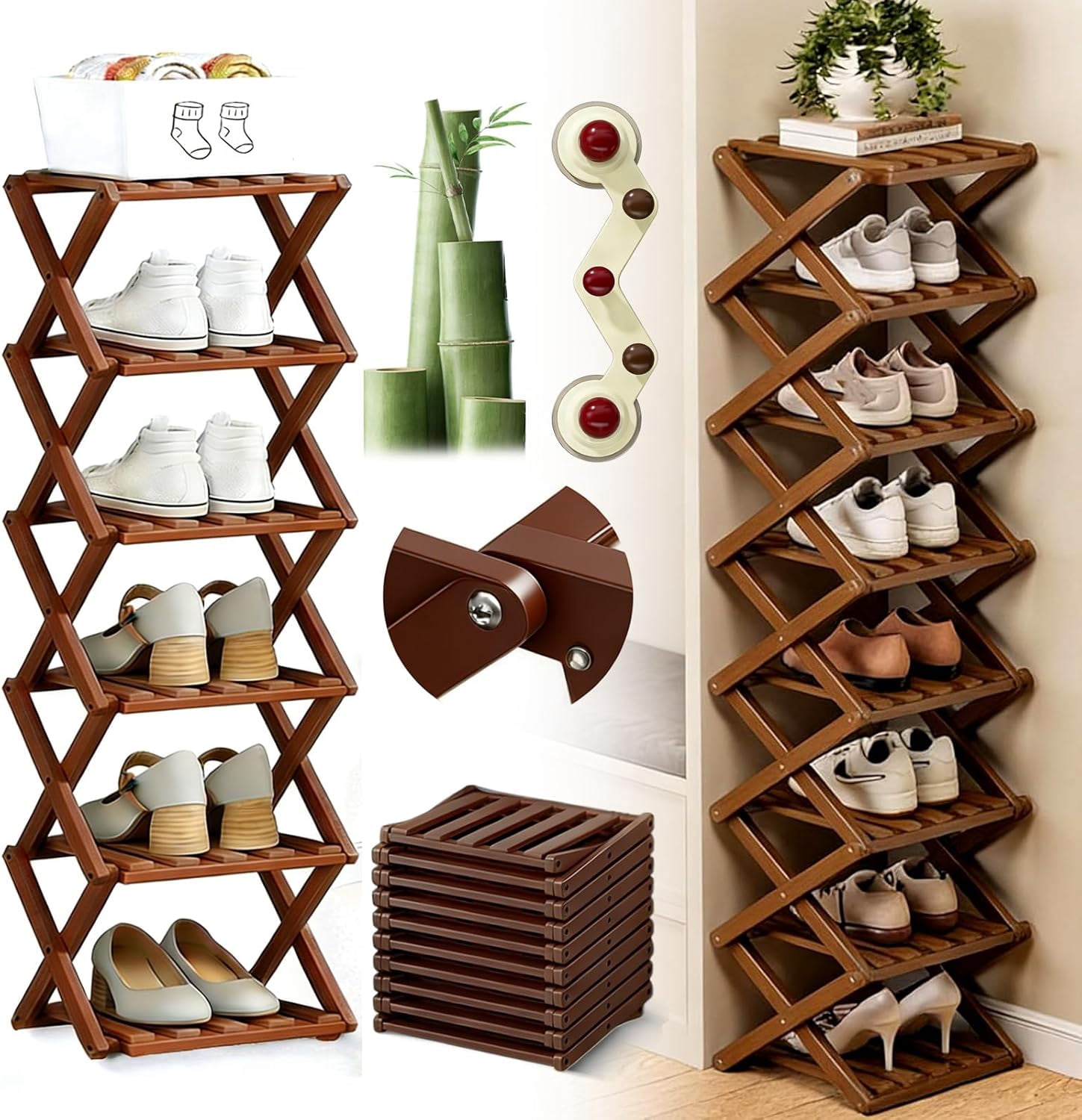 Bamboo Shoe Rack, No Assembly Needed, 9-Tier Tall Narrow Foldable Shoe Organizer, Vertical Space-Saving Extendable Storage Shelf for Entryway & Corner