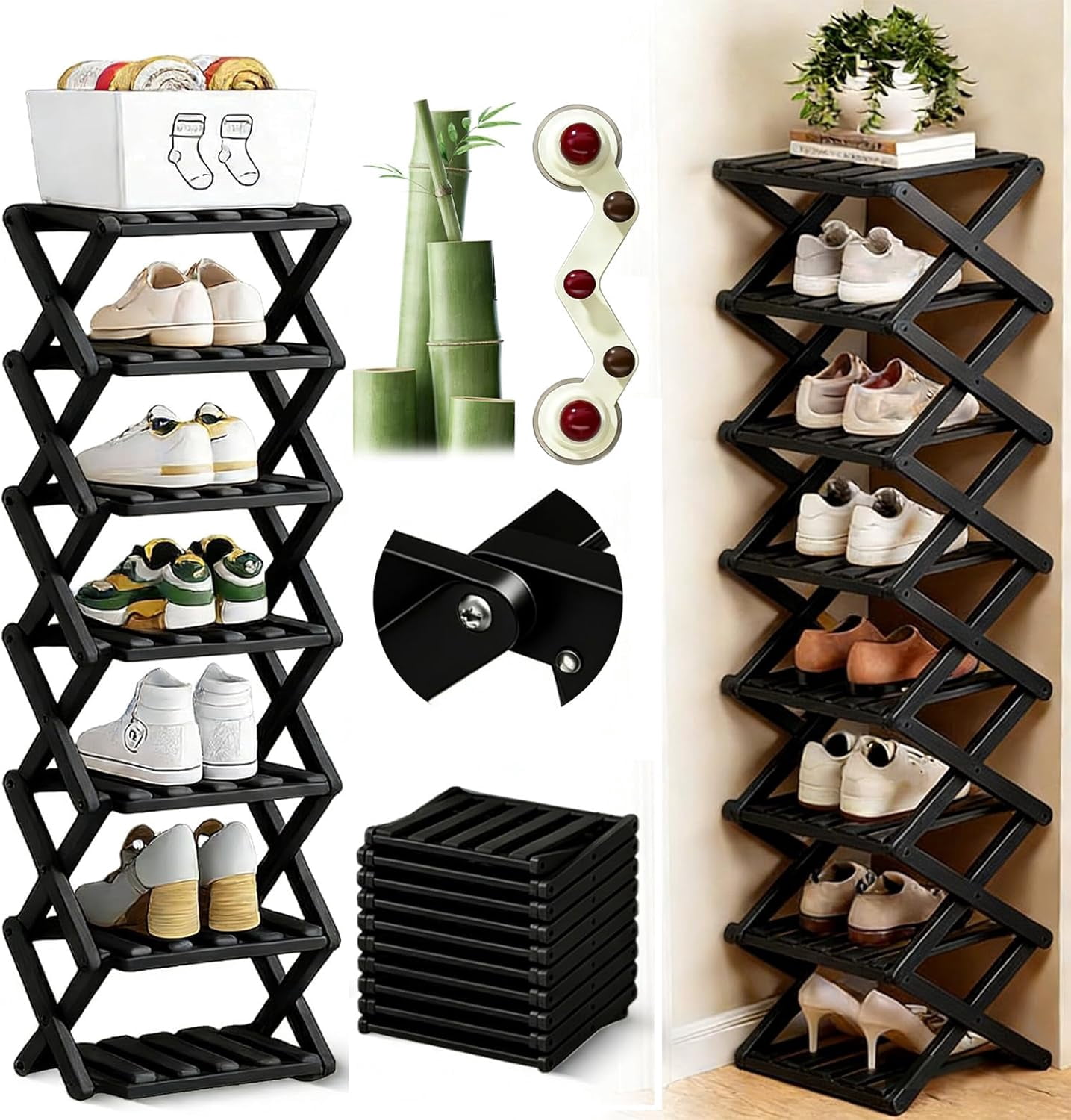 Bamboo Shoe Rack, No Assembly Needed, 9-Tier Tall Narrow Foldable Shoe Organizer, Vertical Space-Saving Extendable Storage Shelf for Entryway & Corner