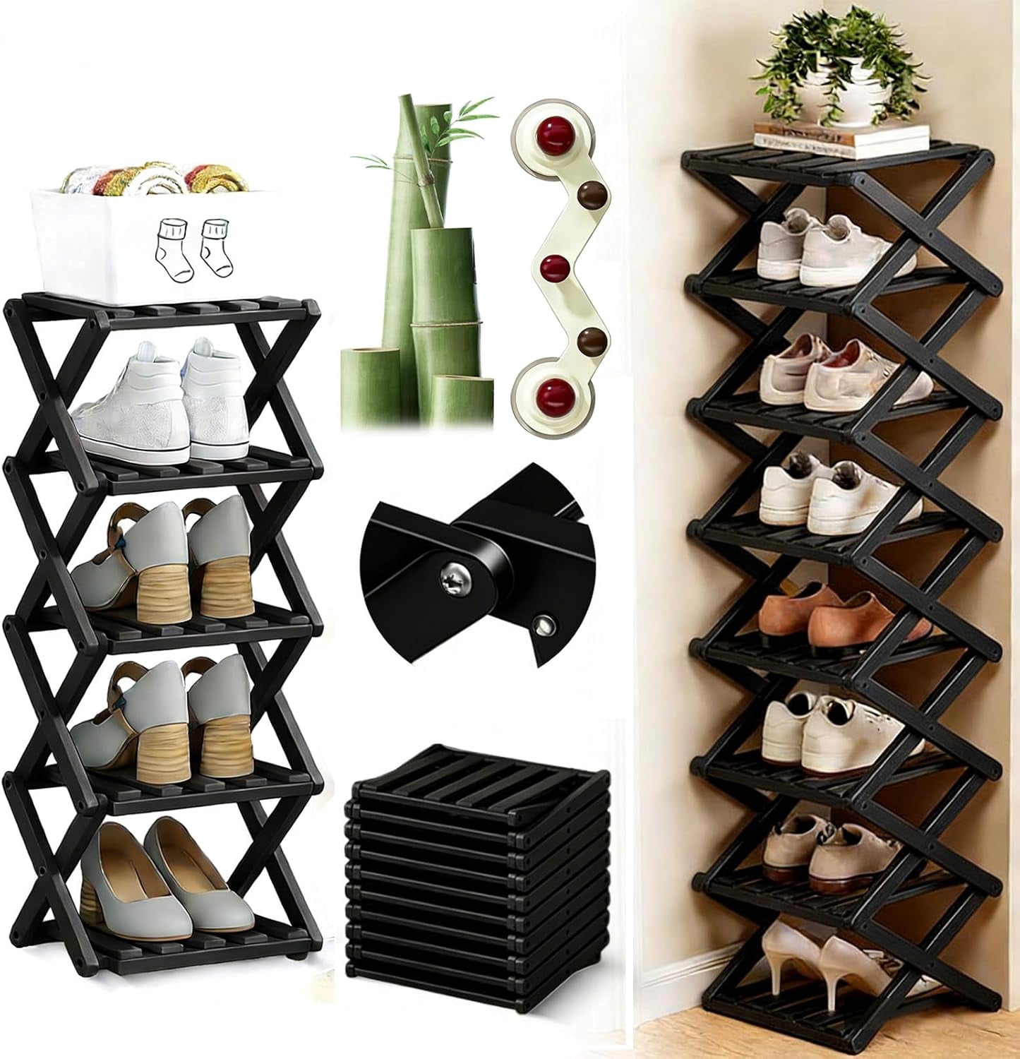 Bamboo Shoe Rack, No Assembly Needed, 9-Tier Tall Narrow Foldable Shoe Organizer, Vertical Space-Saving Extendable Storage Shelf for Entryway & Corner