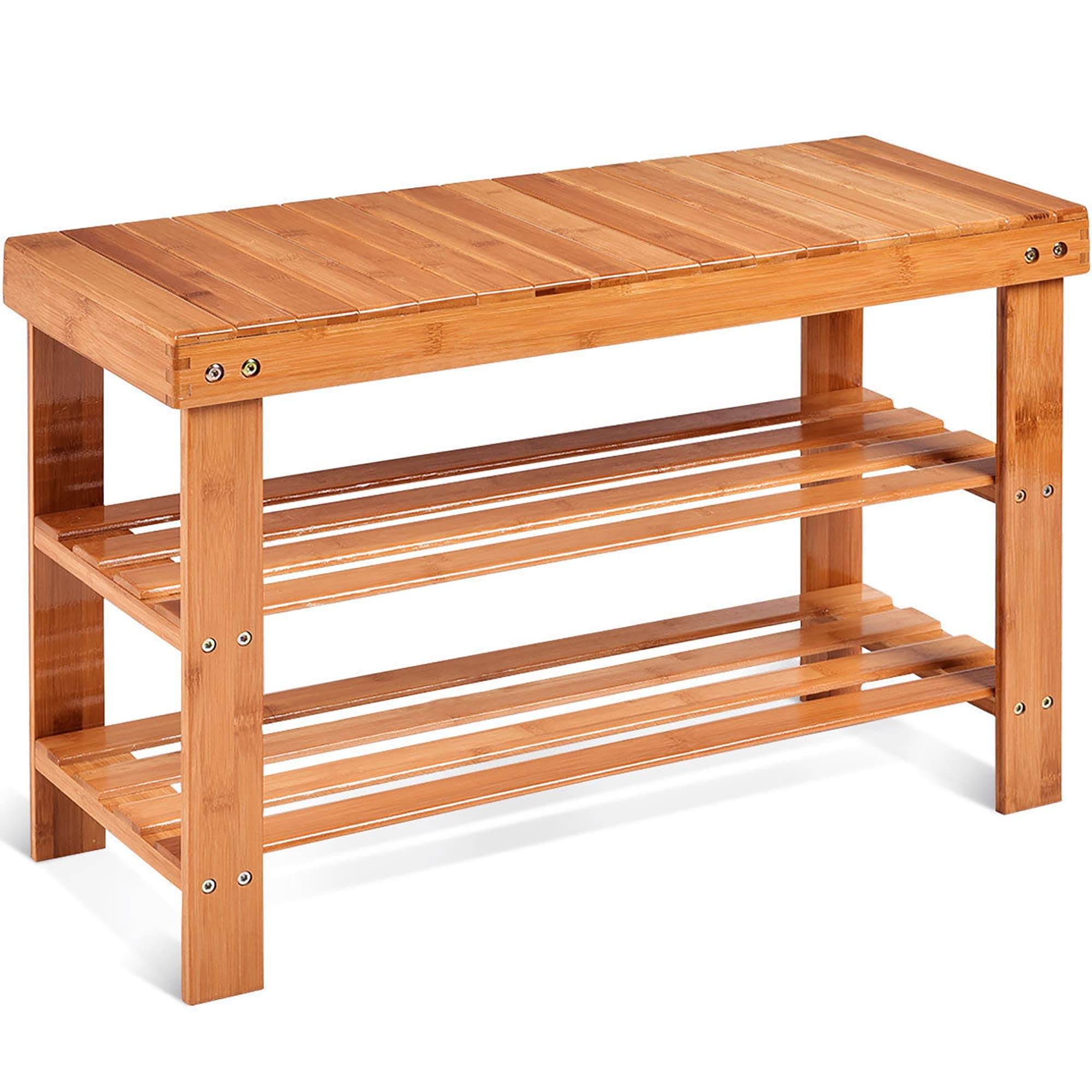 Beige Bamboo 3-Tier Shoe Rack and Bench