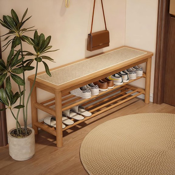 Bamboo Shoe Rack Bench with Rattan Seat, 3-Tier Storage Bench, Entryway for Hallway,Nature-39.4 inches