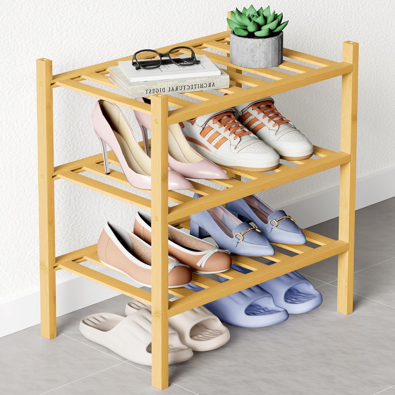 Shoe Rack Stackble Bamboo Shoe Rack for Closet, 3 Tier Small Wooden Stackable Shoe ...