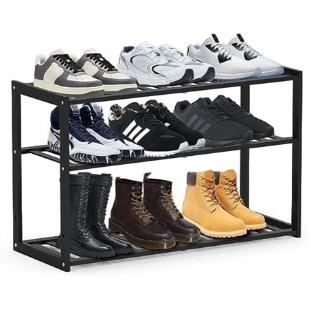 Bamboo Shoe Rack for Closet, Stackable 3 Tier Longer Shoe Organizer Shelf Holder Storage 12-15 Pairs for Entryway Door Hallway Bedroom Garage Space Saving Foldable Black