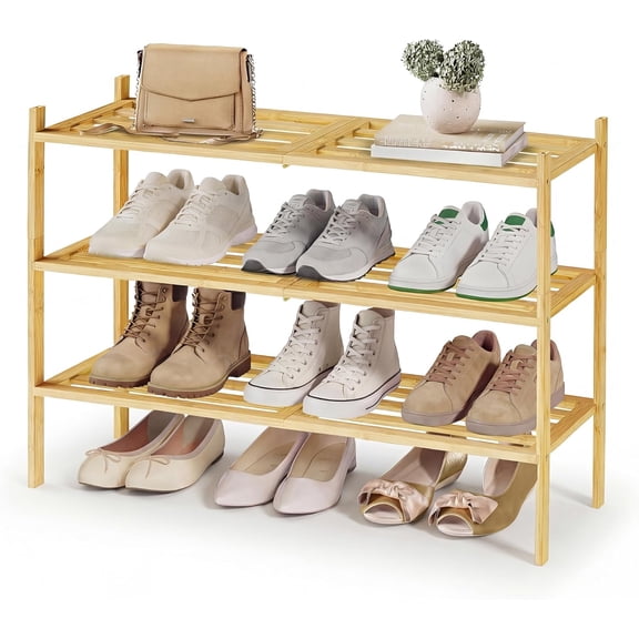 Bamboo Shoe Rack for Closet, Stackable Shoe Oragnizer with Modular Structure, Space-Saving Free Standing Shelf for Entryway Bedroom, 3-Tier, Holds 12-16 Pairs, Natural Color ULBS053YL01