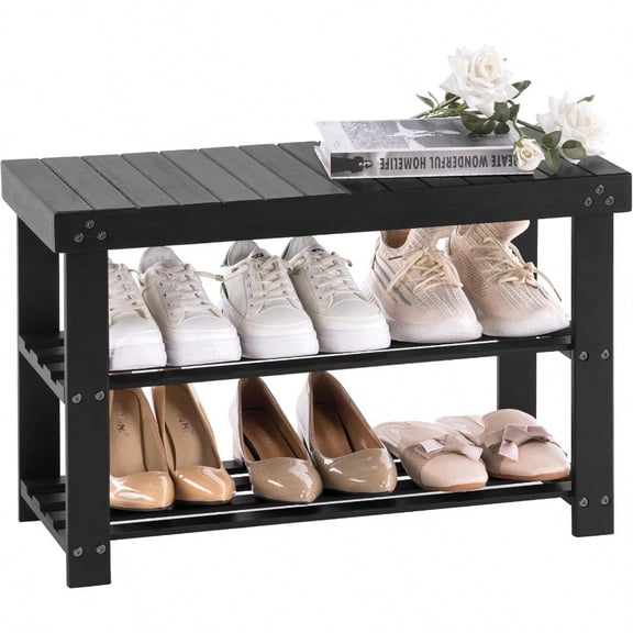 Bamboo Shoe Rack For Entryway 3Tier Shoe Rack Bench For Front Door Entrance Small Shoe Organizer With Storage Black