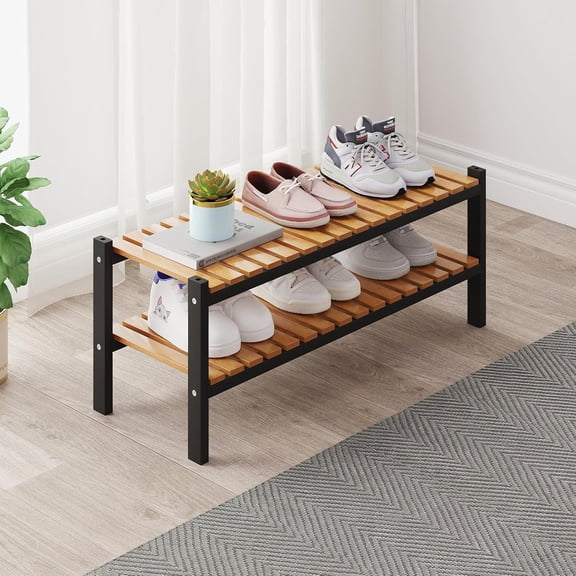 Bamboo Shoe Rack Organizer for Closet and Entryway - Space-Saving Narrow Shoe Stand - Versatile Shoe Holder for Door or Closet Shelf, Garage Bedroom can Freely Stack DIY Small Shoe Racks 2 Tier