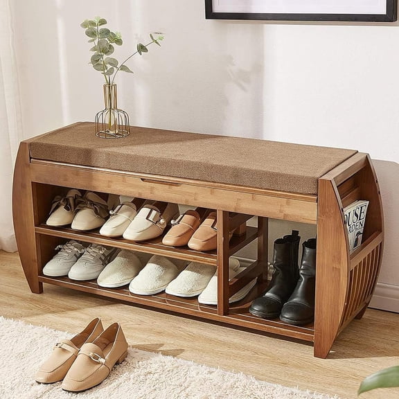 Bamboo Shoe Rack & Shoe Bench, Entryway Storage Organizer, Multi Function for Hallway Bathroom Living Room Corridor and Garden, Detachable Cushion with Hidden Storage Compartment (40.218.311.2)