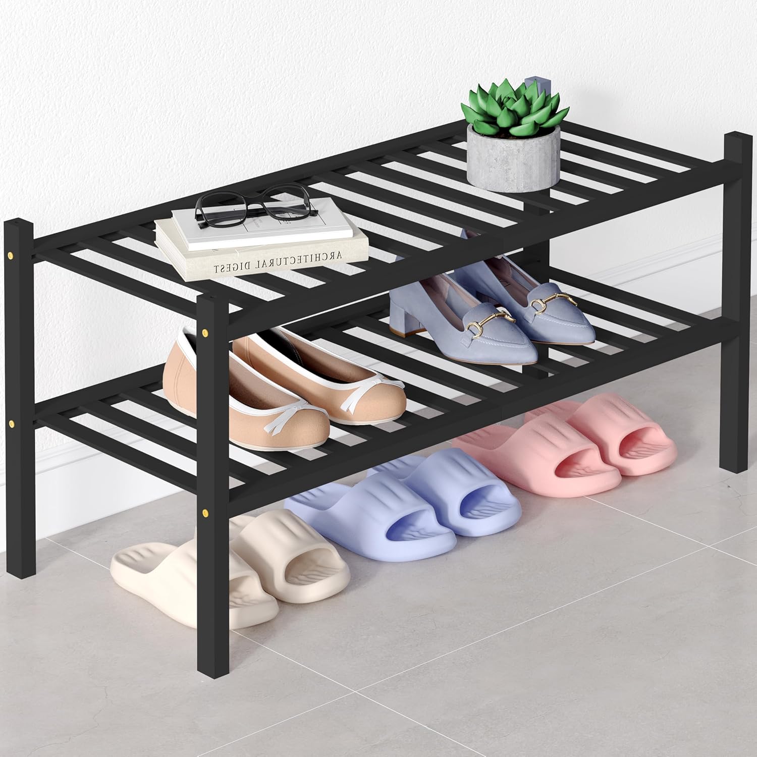 Stackable Standing Shoe Storage Bamboo Shoe Rack for Closet, 2 Tier Wooden Stackable Shoe Organizer ...