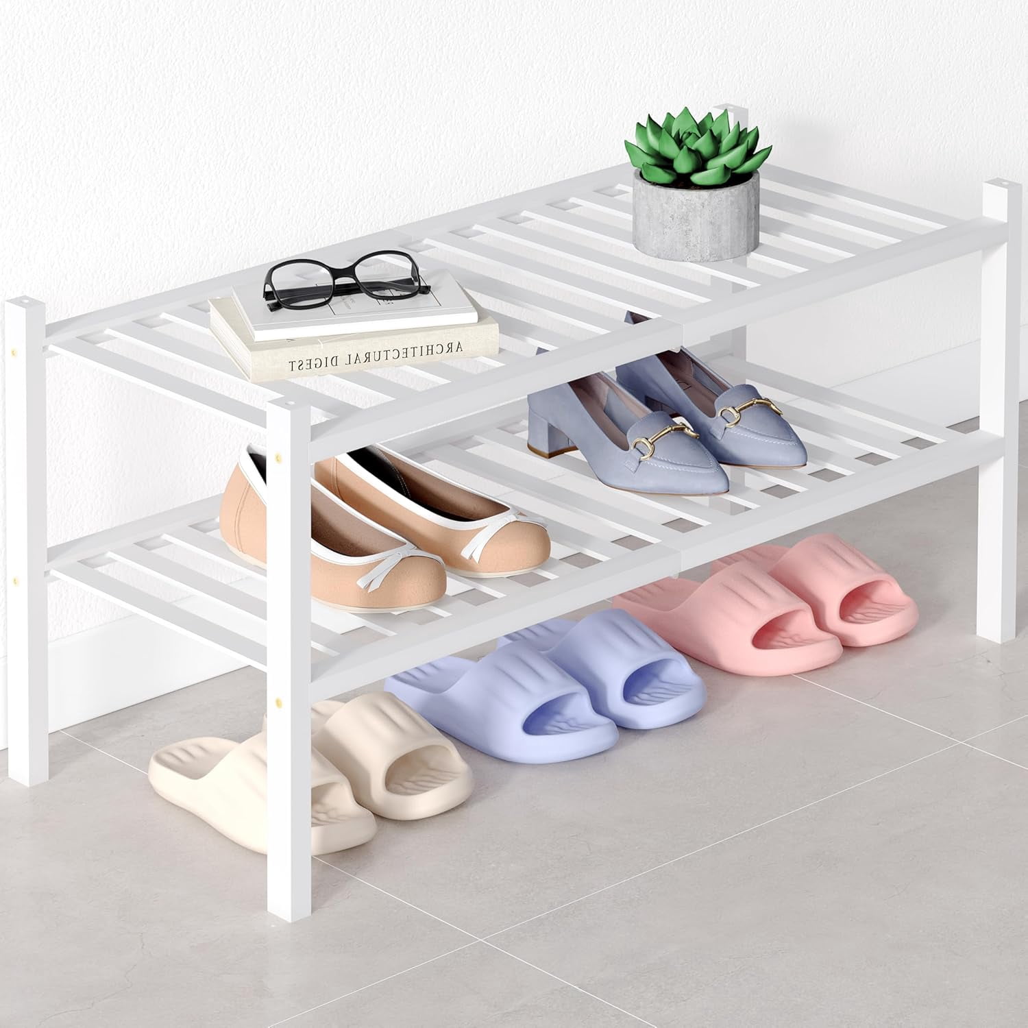 Stackable Standing Shoe Storage Bamboo Shoe Rack for Closet, 2 Tier Wooden Stackable Shoe Organizer ...