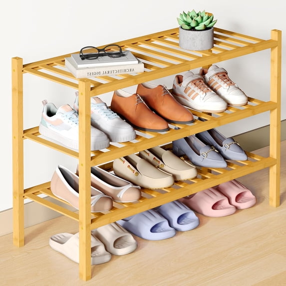 Bamboo Shoe Rack for Closet, 3 Tier Wooden Stackable Organizer, Free Standing Shoes Storage Shelf Entryway, Front Door Entrance, Natural