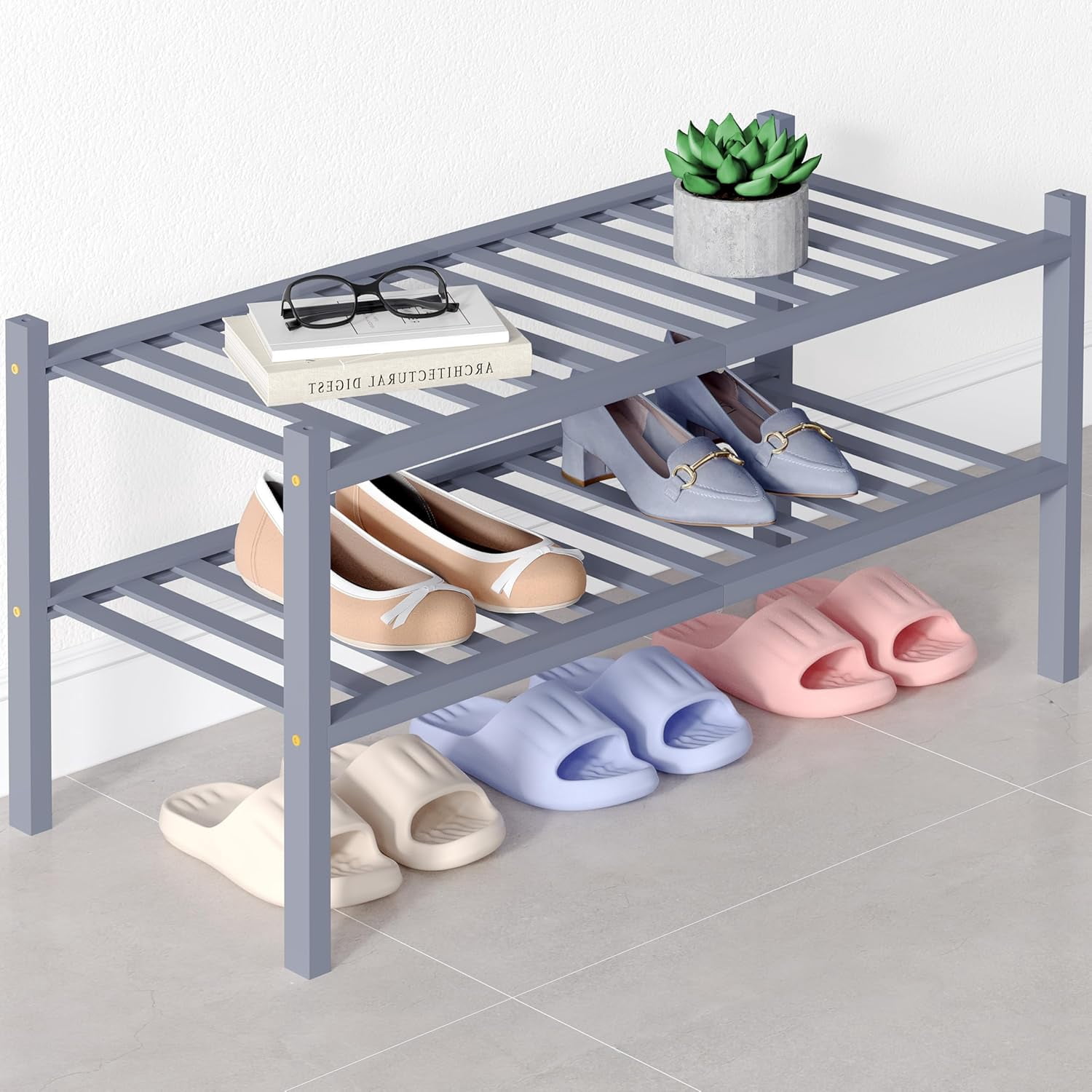 Stackable Standing Shoe Storage Bamboo Shoe Rack for Closet, 3 Tier Wooden Stackable Shoe Organizer ...