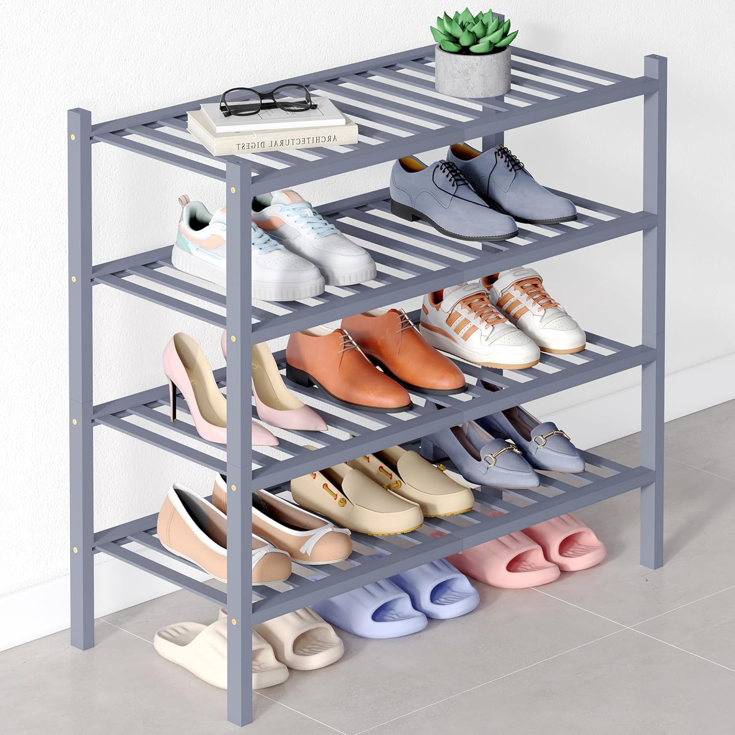 Stackable Standing Shoe Storage Bamboo Shoe Rack for Closet, 4 Tier Wooden Stackable Shoe Organizer ...