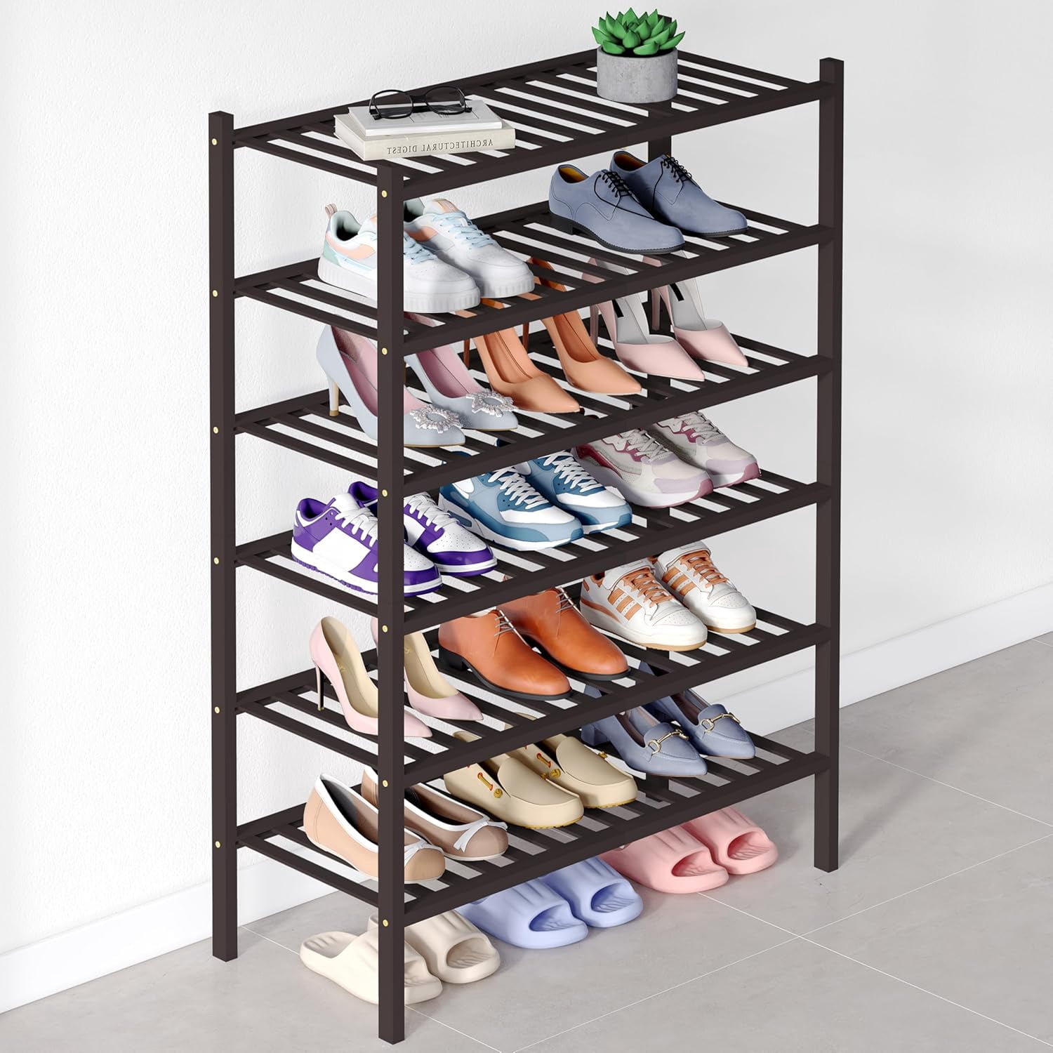 Bamboo Shoe Rack for Closet, 6 Tier Wooden Stackable Shoe Organizer ...