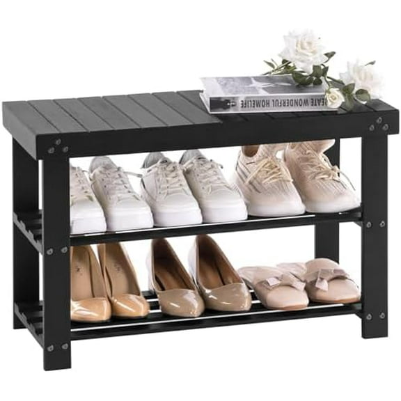 Bamboo Shoe Rack for Entryway, 3-Tier Shoe Rack Bench for Front Door Entrance, Small Shoe Organizer with Storage, Black