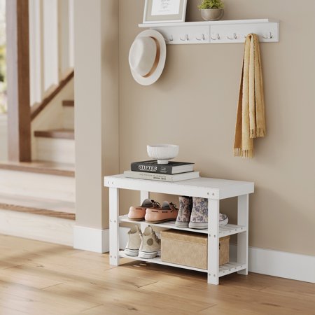 Bamboo Shoe Rack for Entryway 3-Tier Shoe Rack Bench for Front Indoor Entrance ,Cloud White