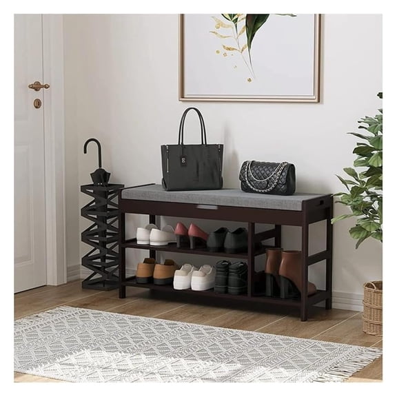 Bamboo Shoe Rack with Storage, 2-Tier Entryway Storage with Padded Seat, 36 in Shoe Oiganizer Shelf for Entryway Mudroom Bathroom Foyer, Vintage