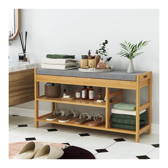 Bamboo Shoe Rack with Storage, Entryway Storage with Padded Seat, Shoe Oiganizer Shelf for Entryway Mudroom Bathroom Hallway, Natural