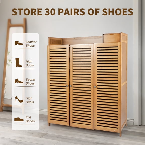 Bamboo Shoe Storage Cabinet, 98 X 32 X 115cm, 3 Louver Doors 7 Internal Layers, for Entryway Footwear Organizing and Dust Proof Storage