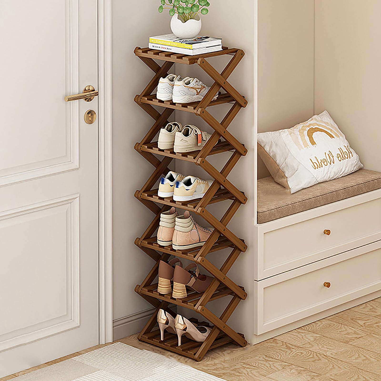 Bamboo Shoe Storage Rack – Foldable Shoe Rack for Small Spaces, Narrow Shoe Shelf for Entryway, Closet and Bedroom