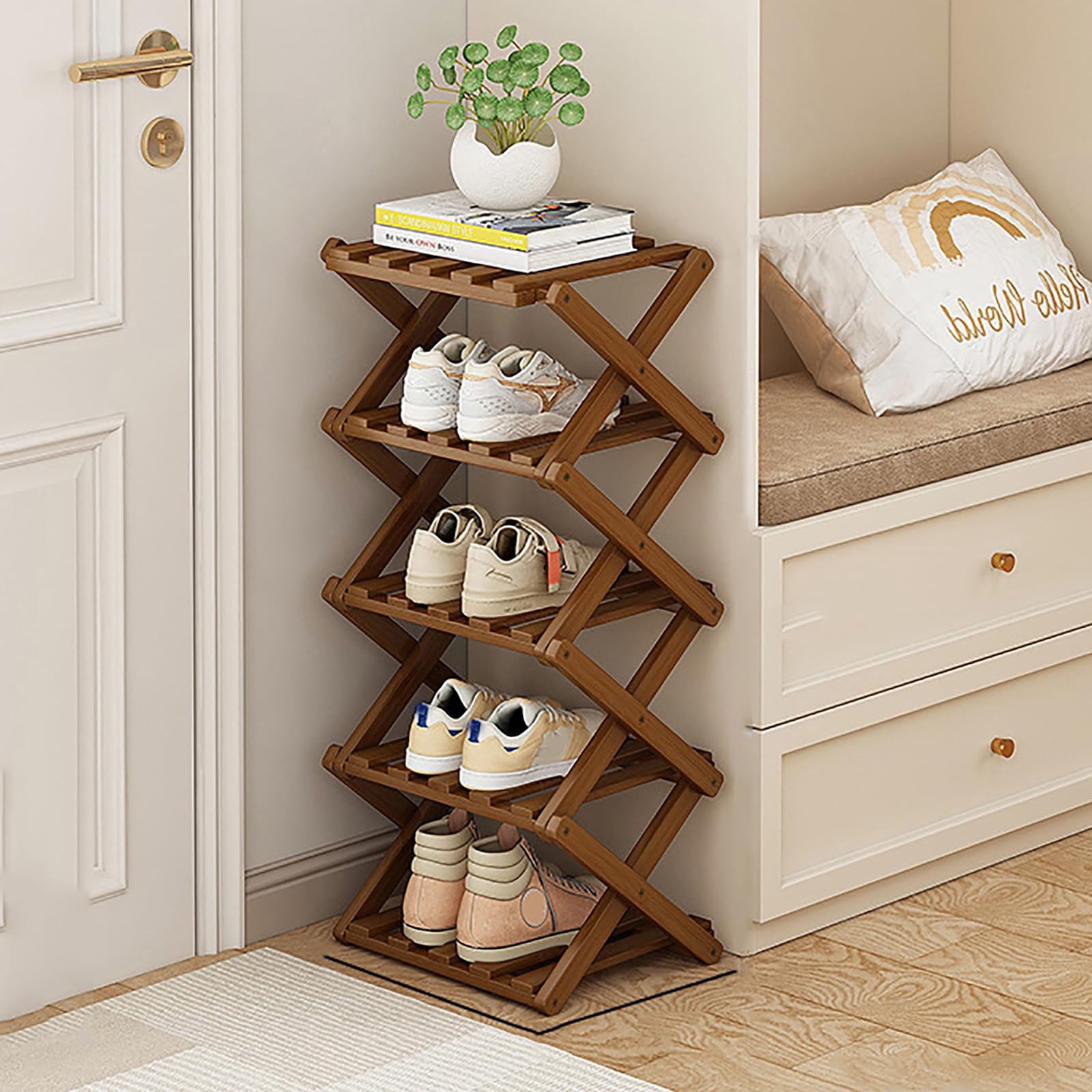 Bamboo Shoe Storage Rack – Foldable Shoe Rack for Small Spaces, Narrow Shoe Shelf for Entryway, Closet and Bedroom