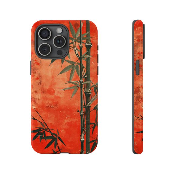 Bamboo Shoots Leaves Red Background Nature Artwork Phone Case with iPhone 11 to 17 Pro Max