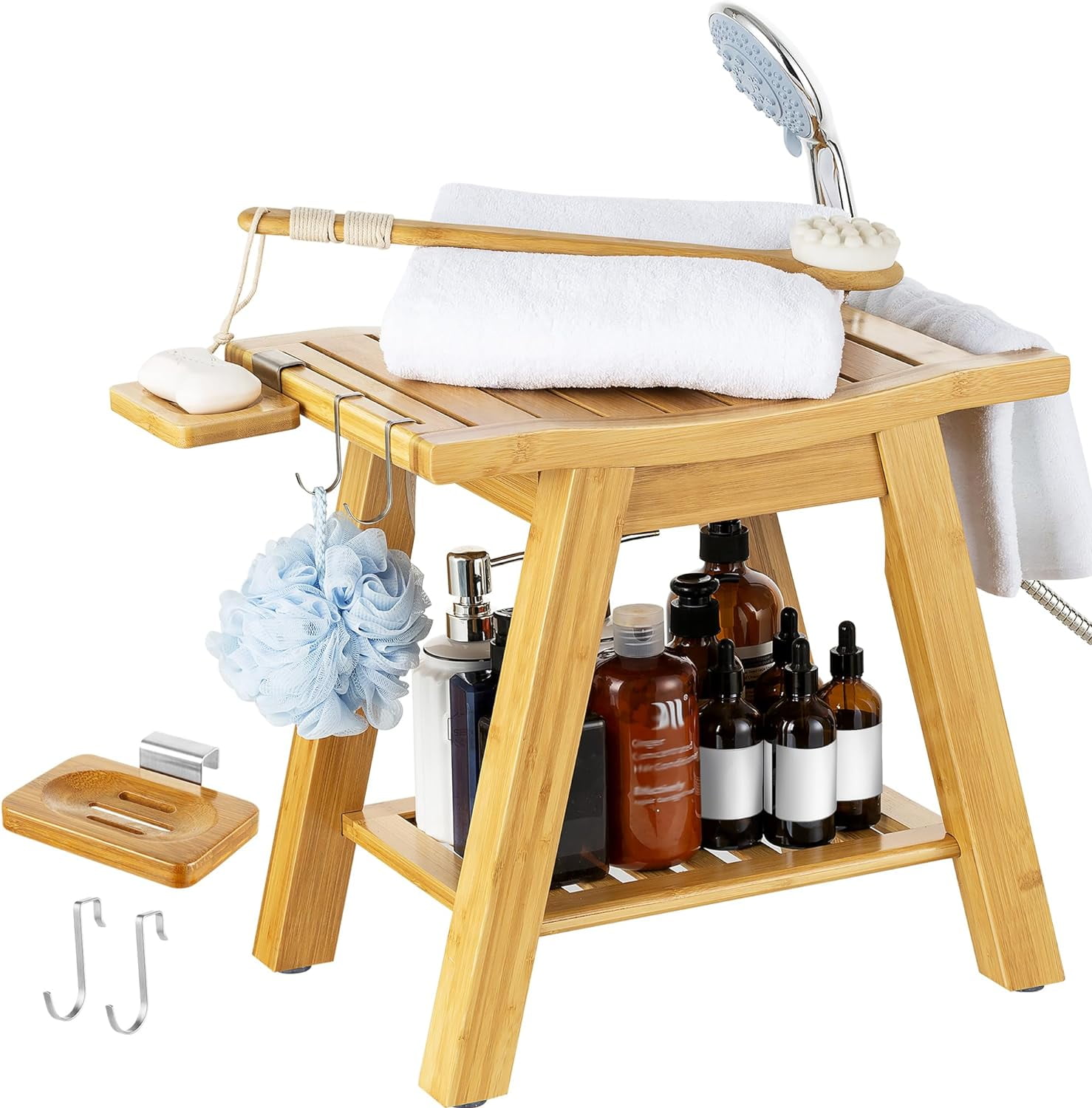Bamboo Shower Bench, AShaped Spa Seat with Storage Shelf for Shaving