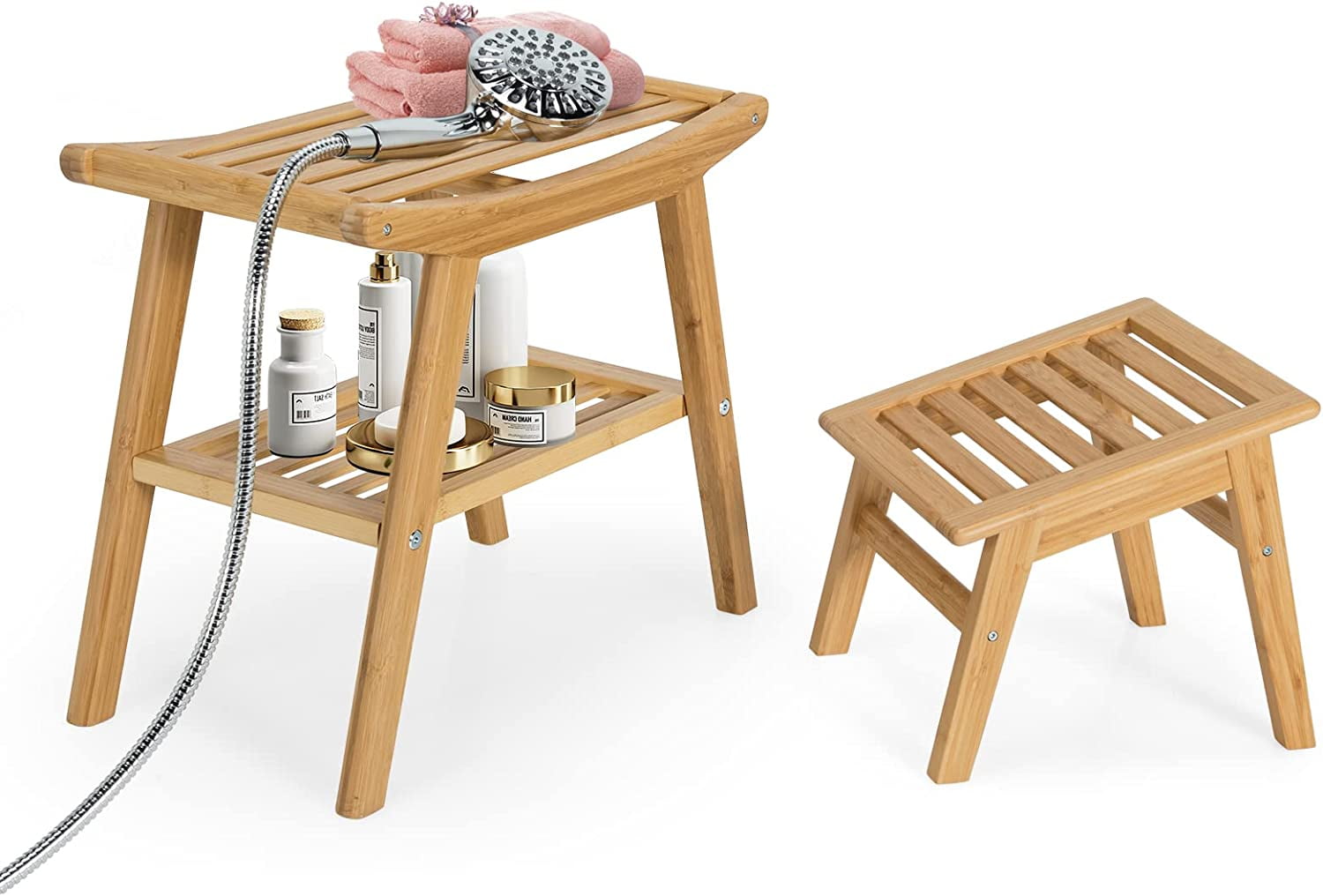 Bamboo Shower Bench with Foot Stool, Shower Seat Bench with Underneath