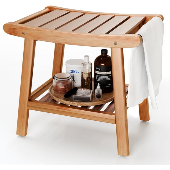 Bamboo Shower Bench for Inside Shower to Sit on,Waterproof Shower Stool for Shaving Legs,Spa Bathroom Shower Chair with Storage Shelf, Bathroom Bench Seat-Natural Bamboo