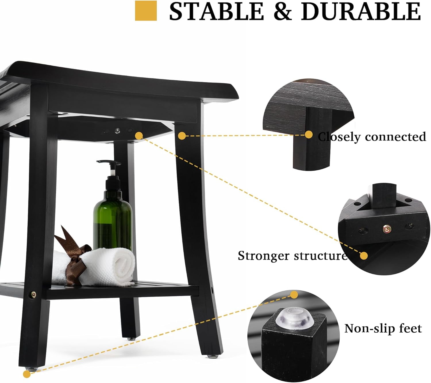 Bamboo Shower Bench Inside Shower Stool with Storage Shelf, Spa Bath
