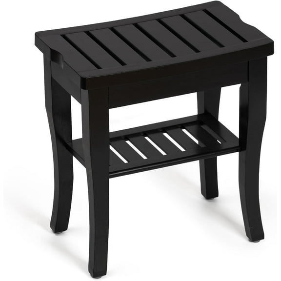 Bamboo Shower Bench, Spa Small Shower Stool for Inside Shower Waterproof, Bathroom Bench Seat with Storage Shelf for Adults Elderly Seniors, Wood Chair for Indoor or Outdoor Use, Black